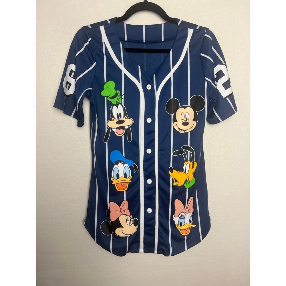 Disney Characters Front Button Women's Baseball Blue Striped Shirt SEE DESCRIP